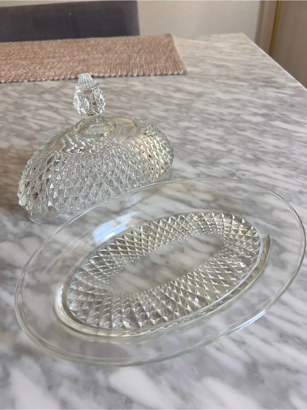 Vintage Clear Glass Covered Butter Dish with Diamond Pattern